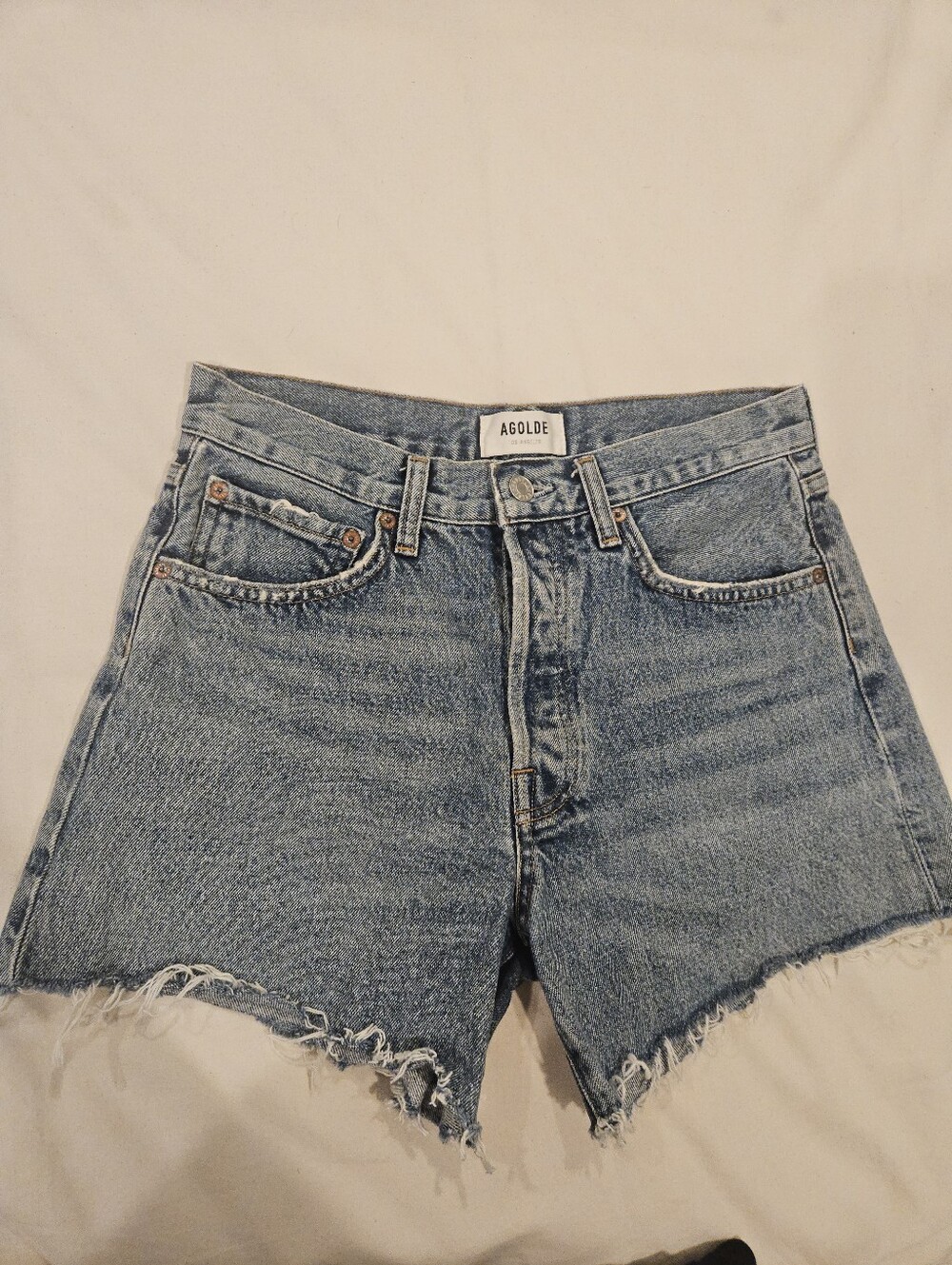 AGOLDE Parker Long Denim Shorts Women's 26 Blue High Rise Raw Hem 100% Cotton